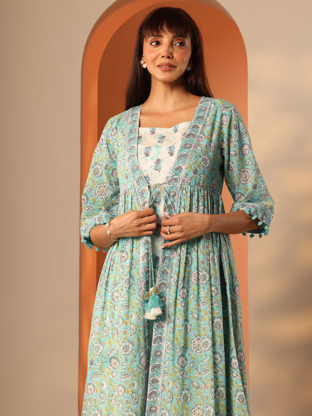  Blue Printed Cotton A-Line Suit Set With Jacket 