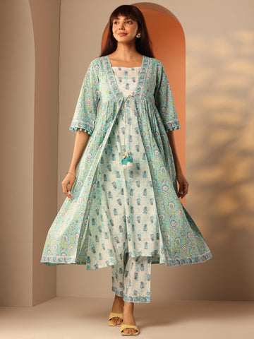 Blue Printed Cotton A-Line Suit Set With Jacket