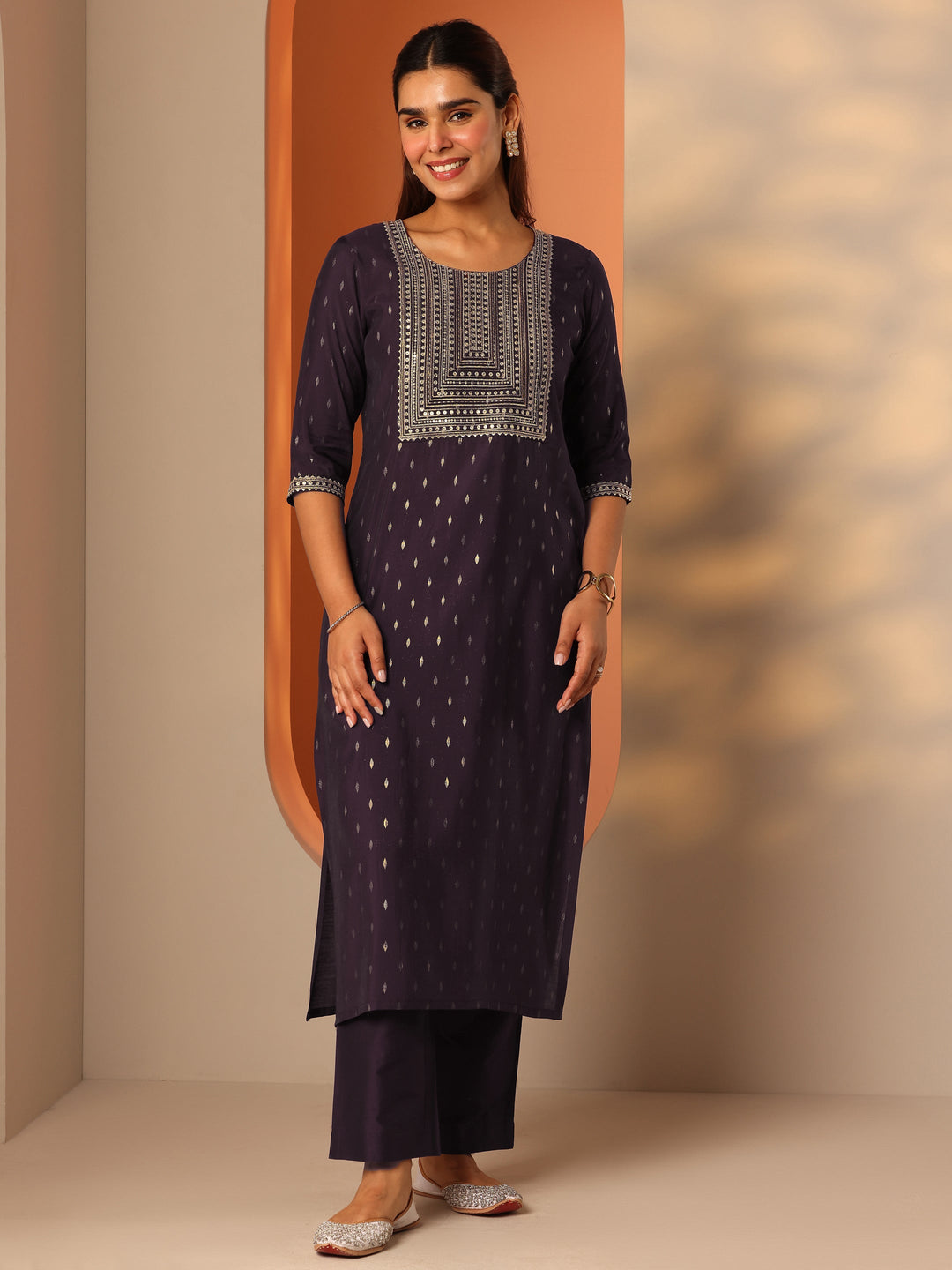  Burgundy Embellished Silk Blend Straight Kurta Set 