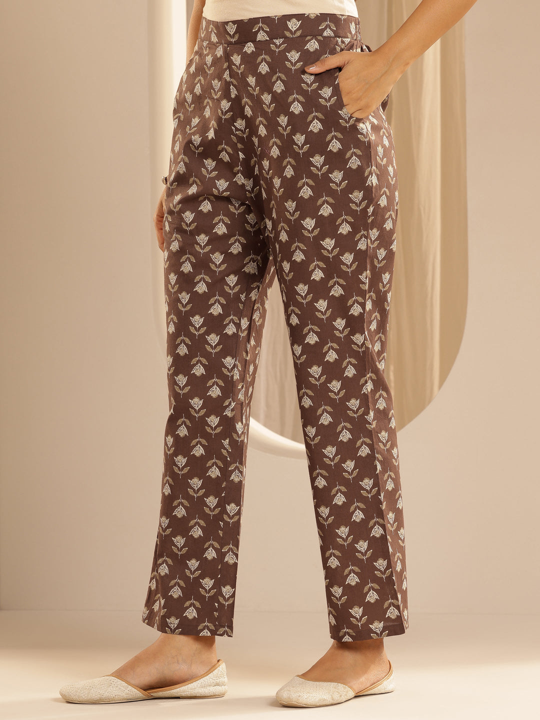  Brown Printed Cotton Straight Kurta Set 