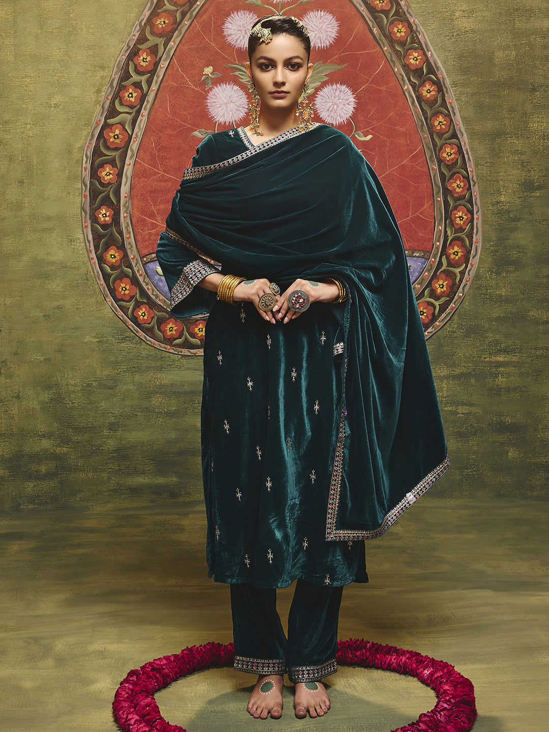  Amruta Teal Embroidered Velvet Straight Suit Set With Dupatta 