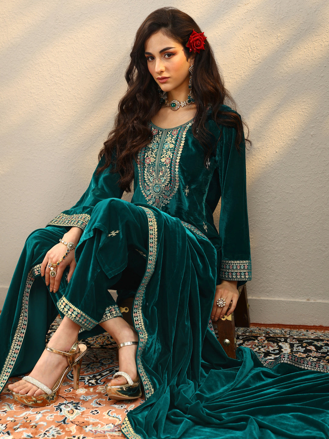  Amruta Teal Embroidered Velvet Straight Suit Set With Dupatta 