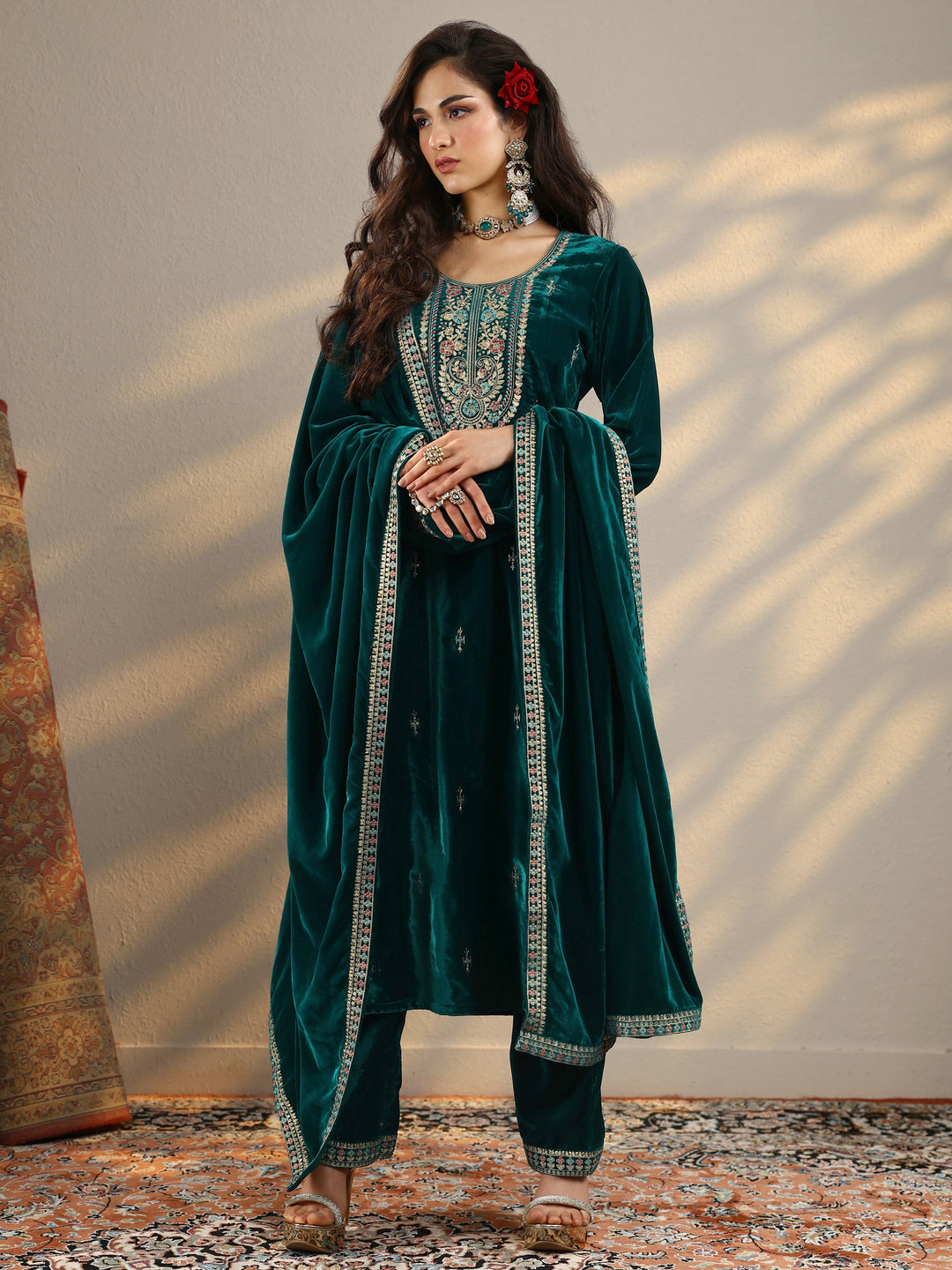  Amruta Teal Embroidered Velvet Straight Suit Set With Dupatta 