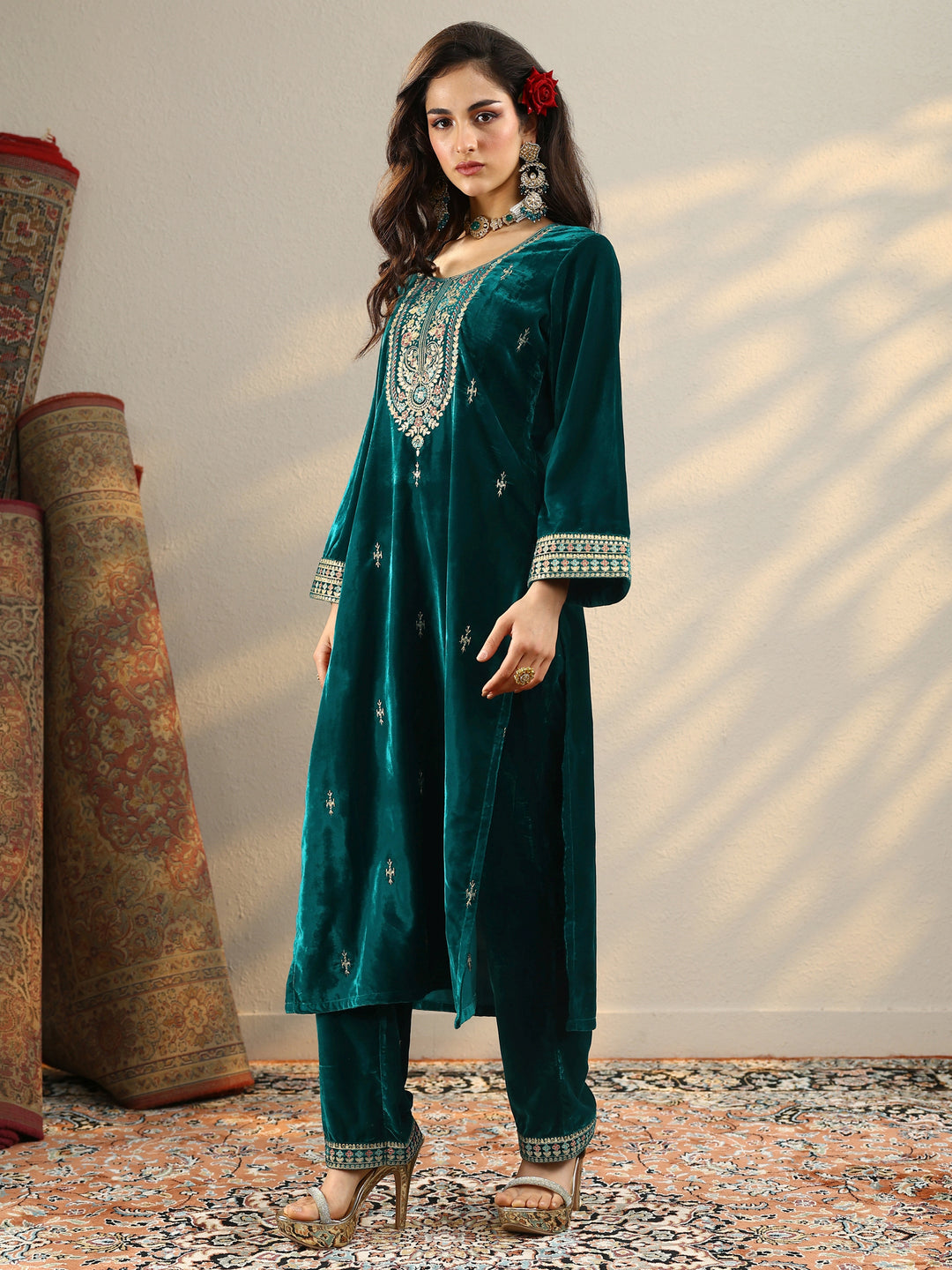  Amruta Teal Embroidered Velvet Straight Suit Set With Dupatta 