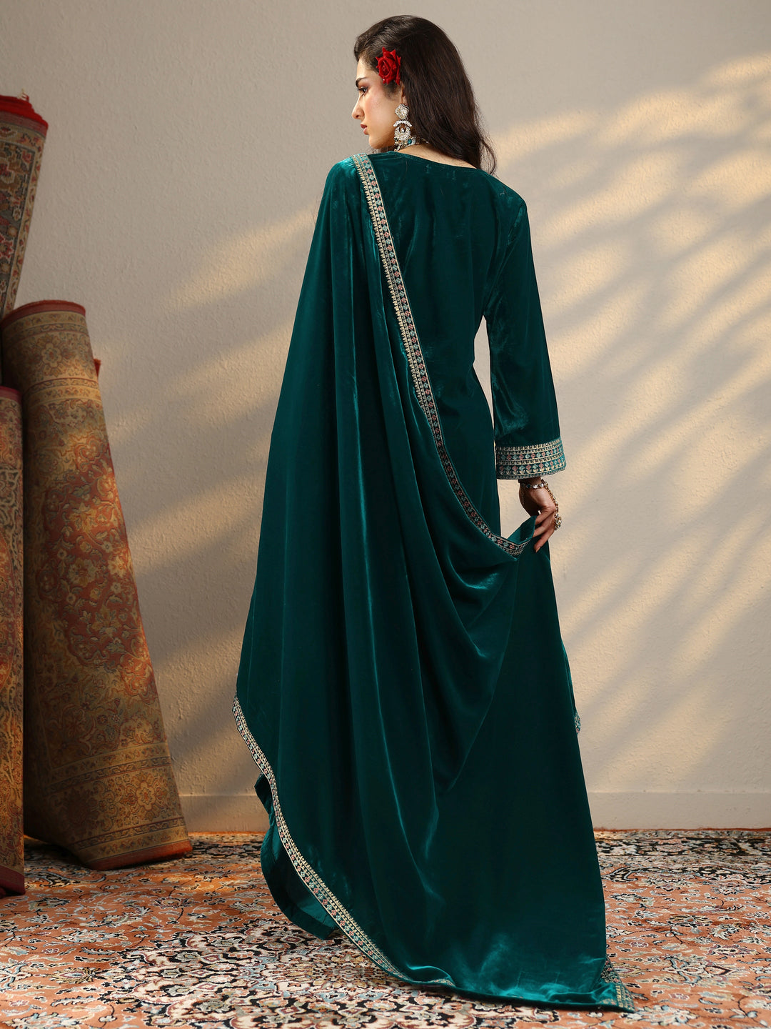  Amruta Teal Embroidered Velvet Straight Suit Set With Dupatta 
