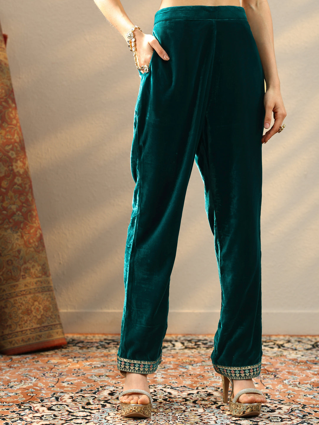  Amruta Teal Embroidered Velvet Straight Suit Set With Dupatta 