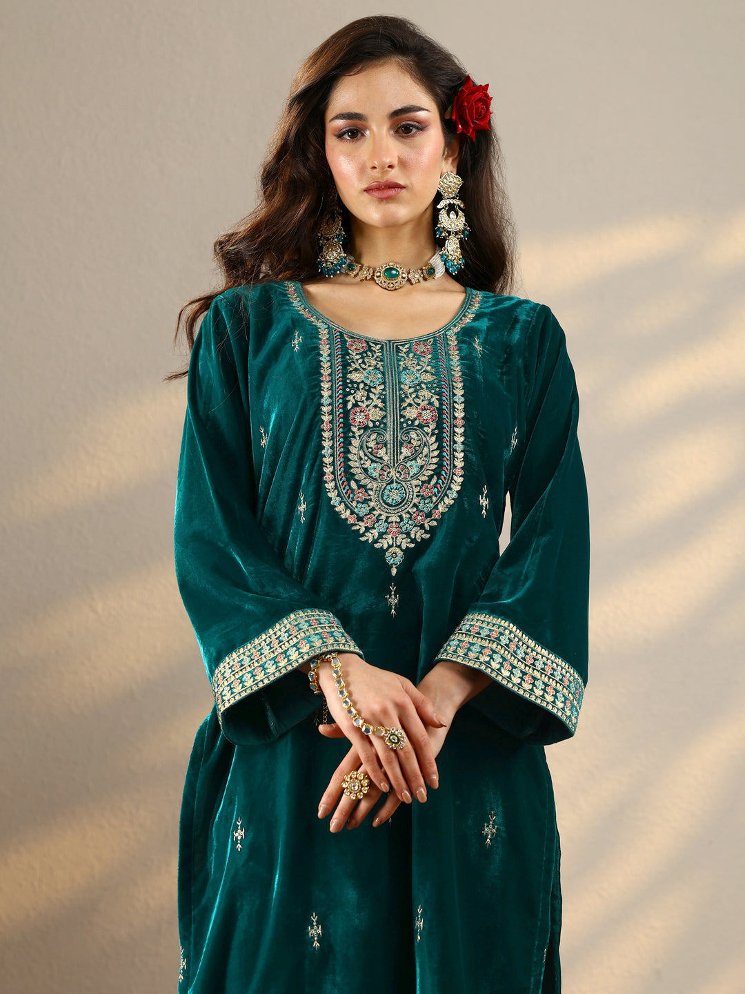  Amruta Teal Embroidered Velvet Straight Suit Set With Dupatta 