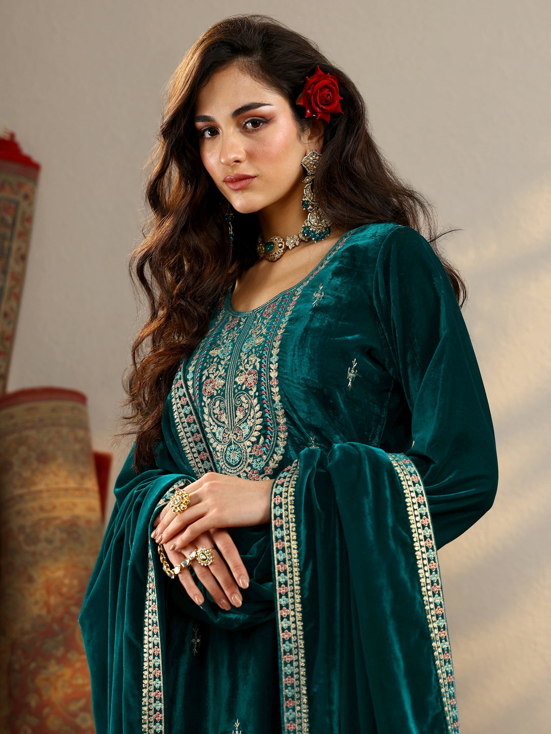  Amruta Teal Embroidered Velvet Straight Suit Set With Dupatta 