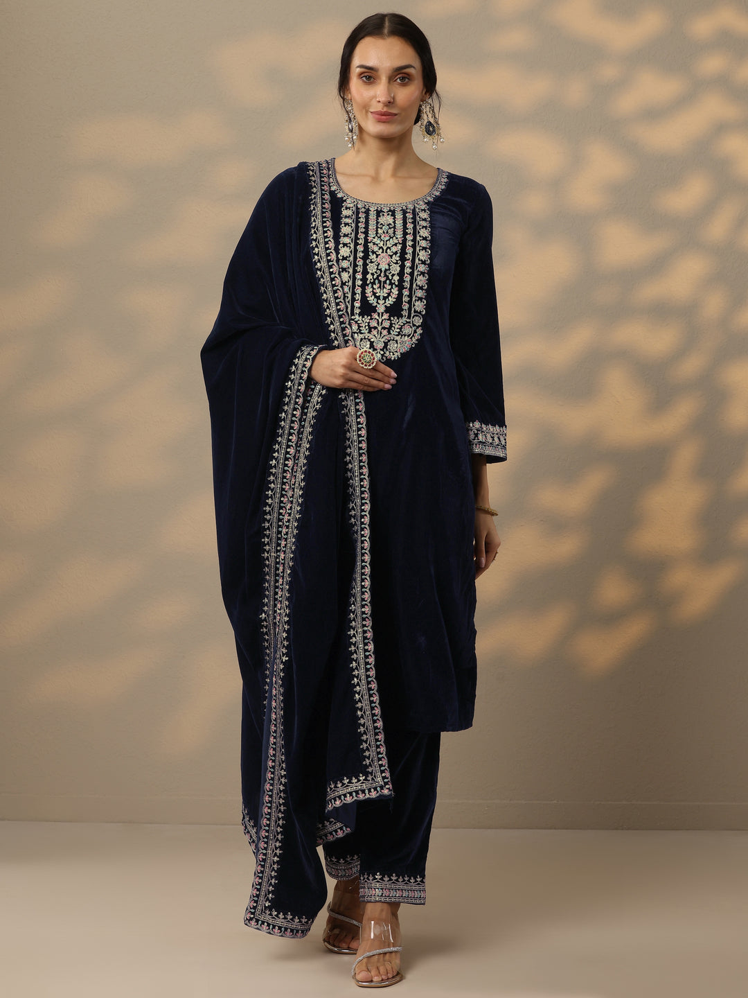  Blue Embroidered Velvet Straight Suit Set With Dupatta 