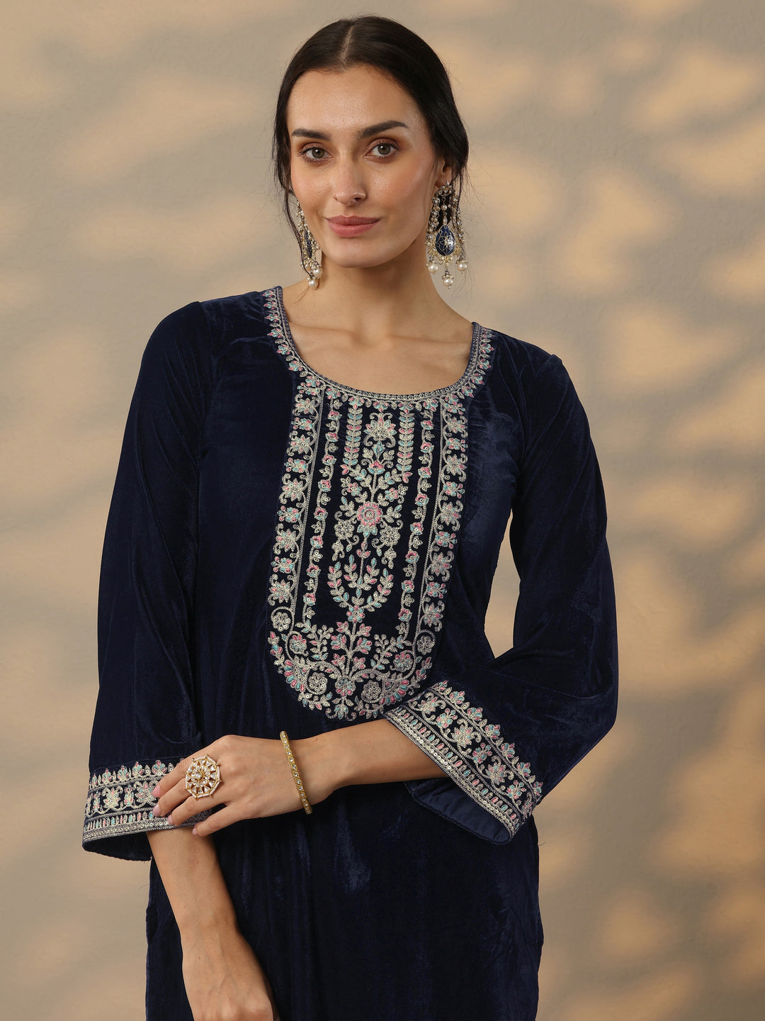  Blue Embroidered Velvet Straight Suit Set With Dupatta 
