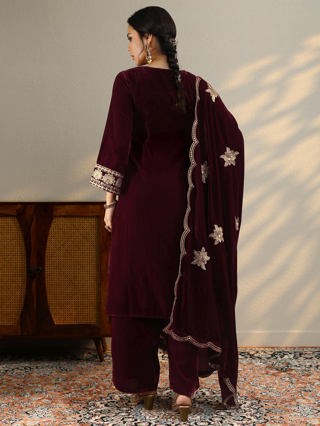  Maroon Yoke Design Velvet Straight Suit Set With Dupatta 
