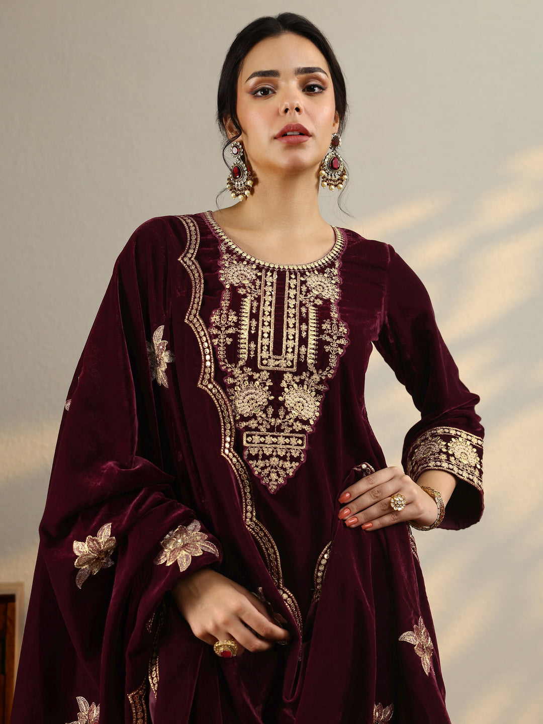  Maroon Yoke Design Velvet Straight Suit Set With Dupatta 