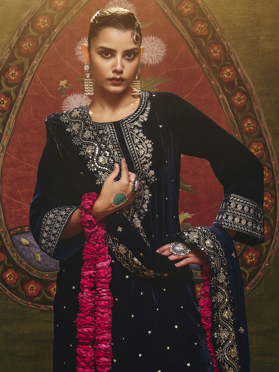 Libas Kanak Navy Blue Embroidered Velvet Straight Suit Set With Dupatta-picture-37