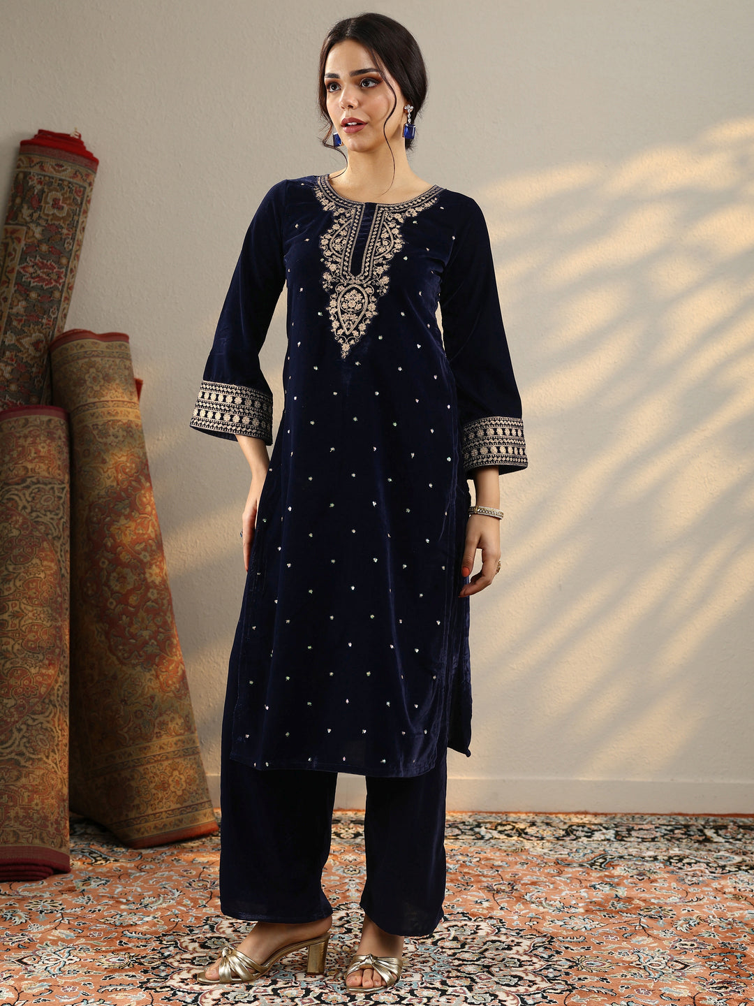  Kanak Navy Blue Embroidered Velvet Straight Suit Set With Dupatta 