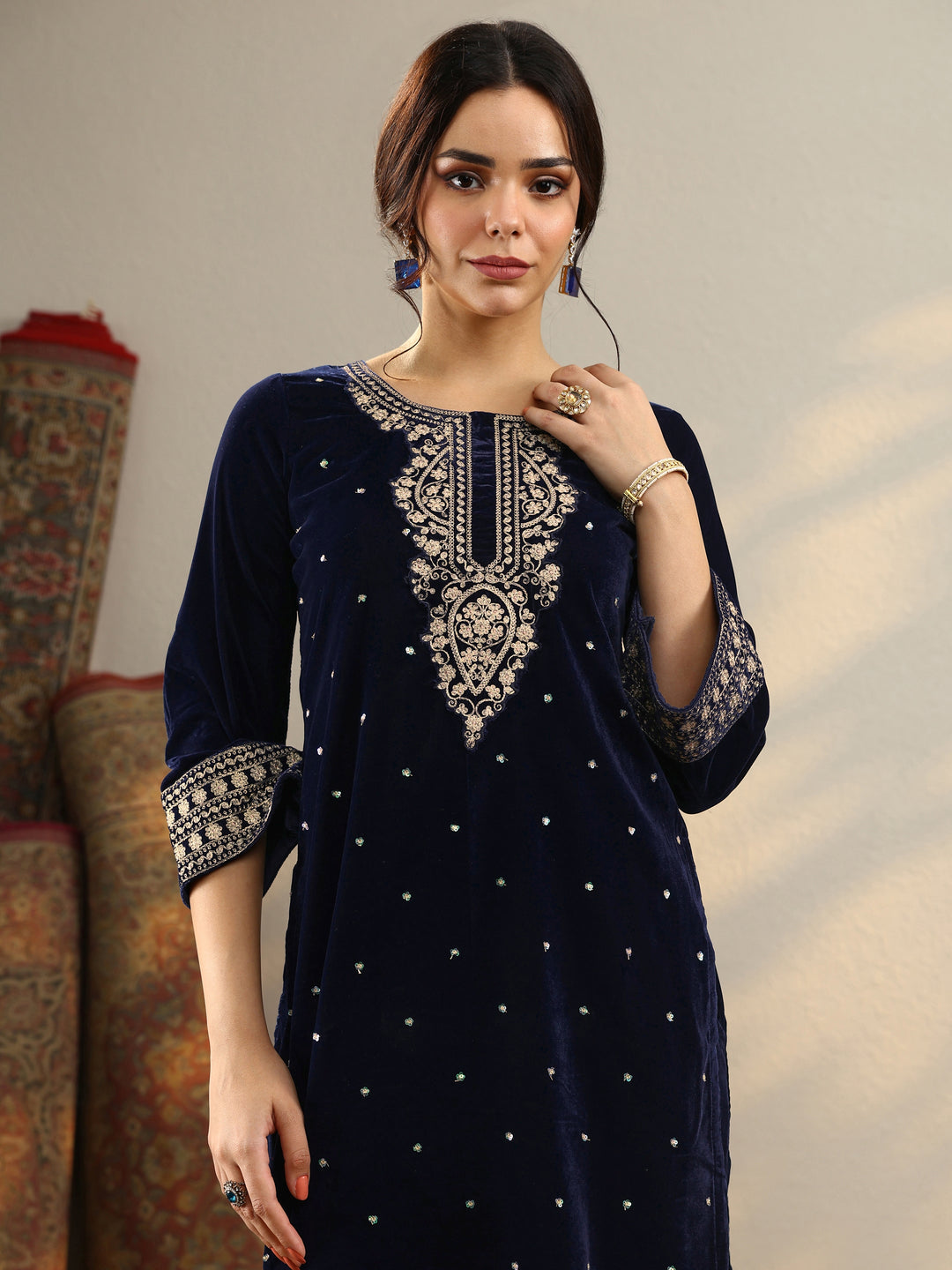  Kanak Navy Blue Embroidered Velvet Straight Suit Set With Dupatta 