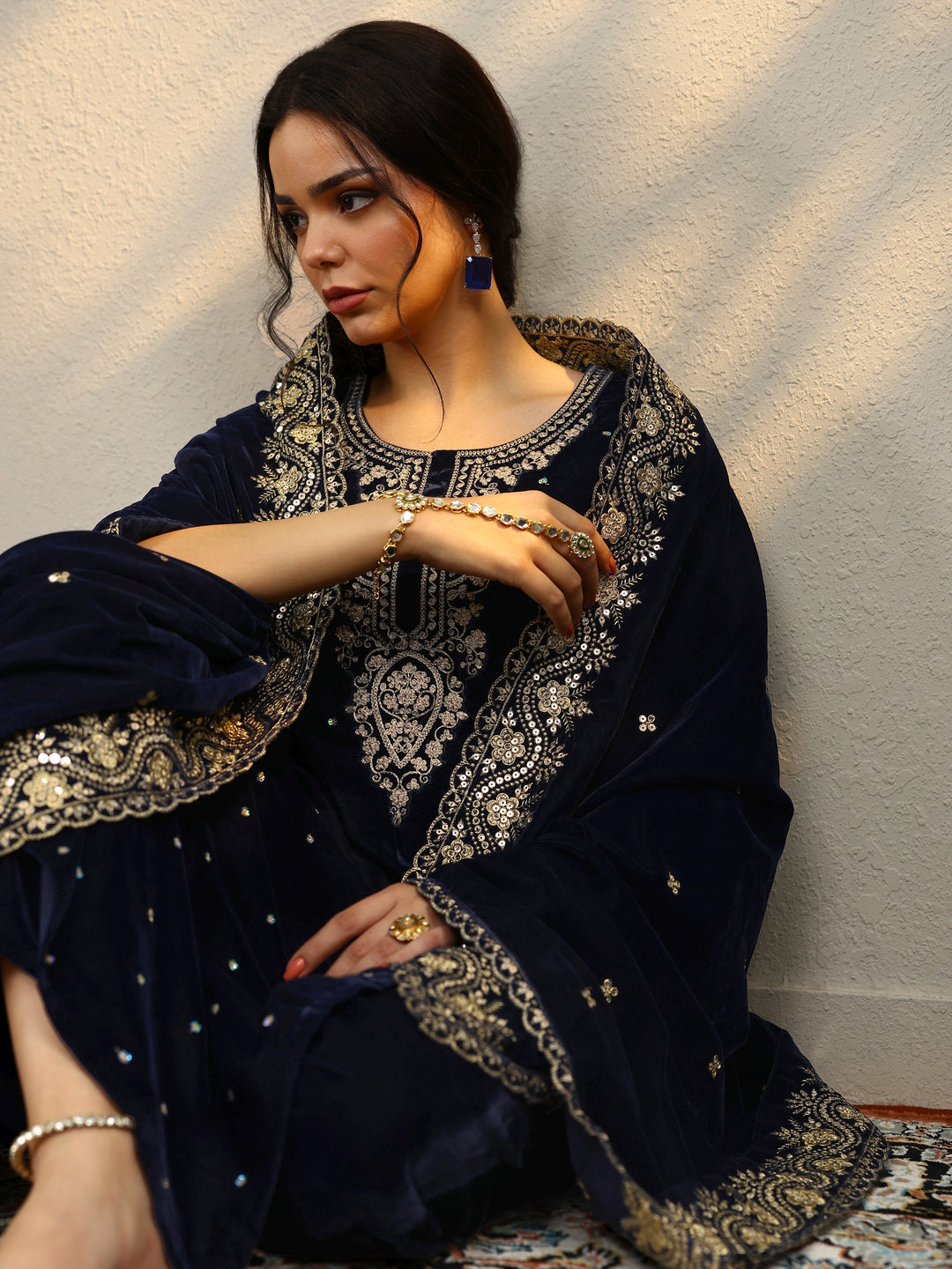 Kanak Navy Blue Embroidered Velvet Straight Suit Set With Dupatta 