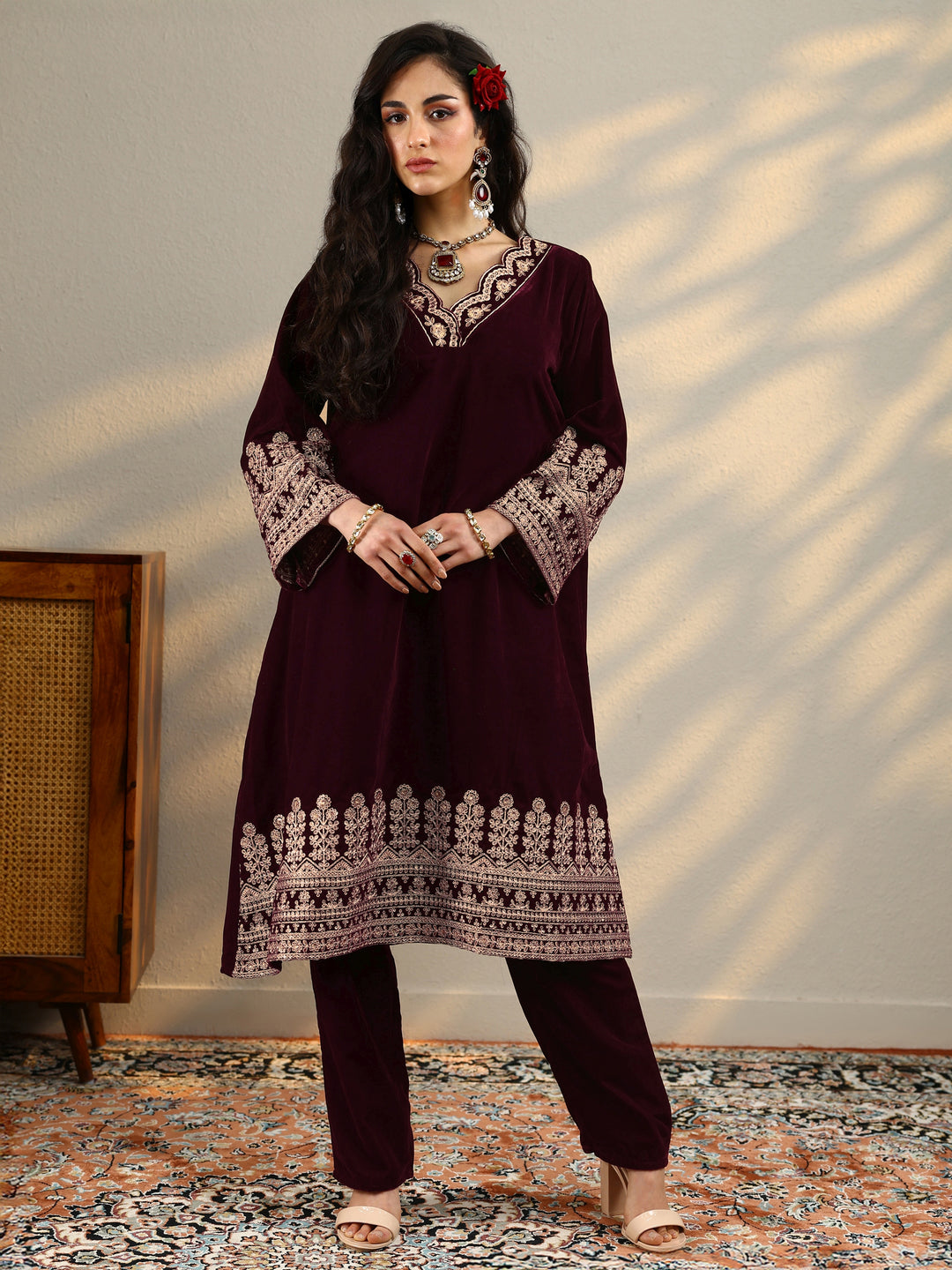  Maroon Embroidered Velvet Straight Kurta Set 