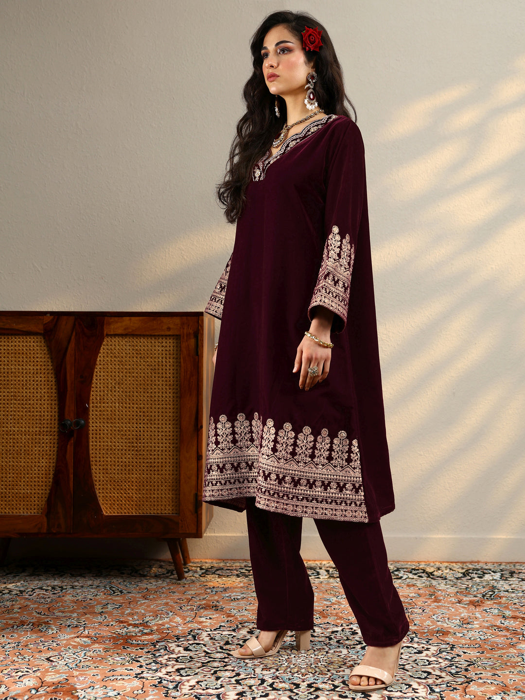  Maroon Embroidered Velvet Straight Kurta Set 