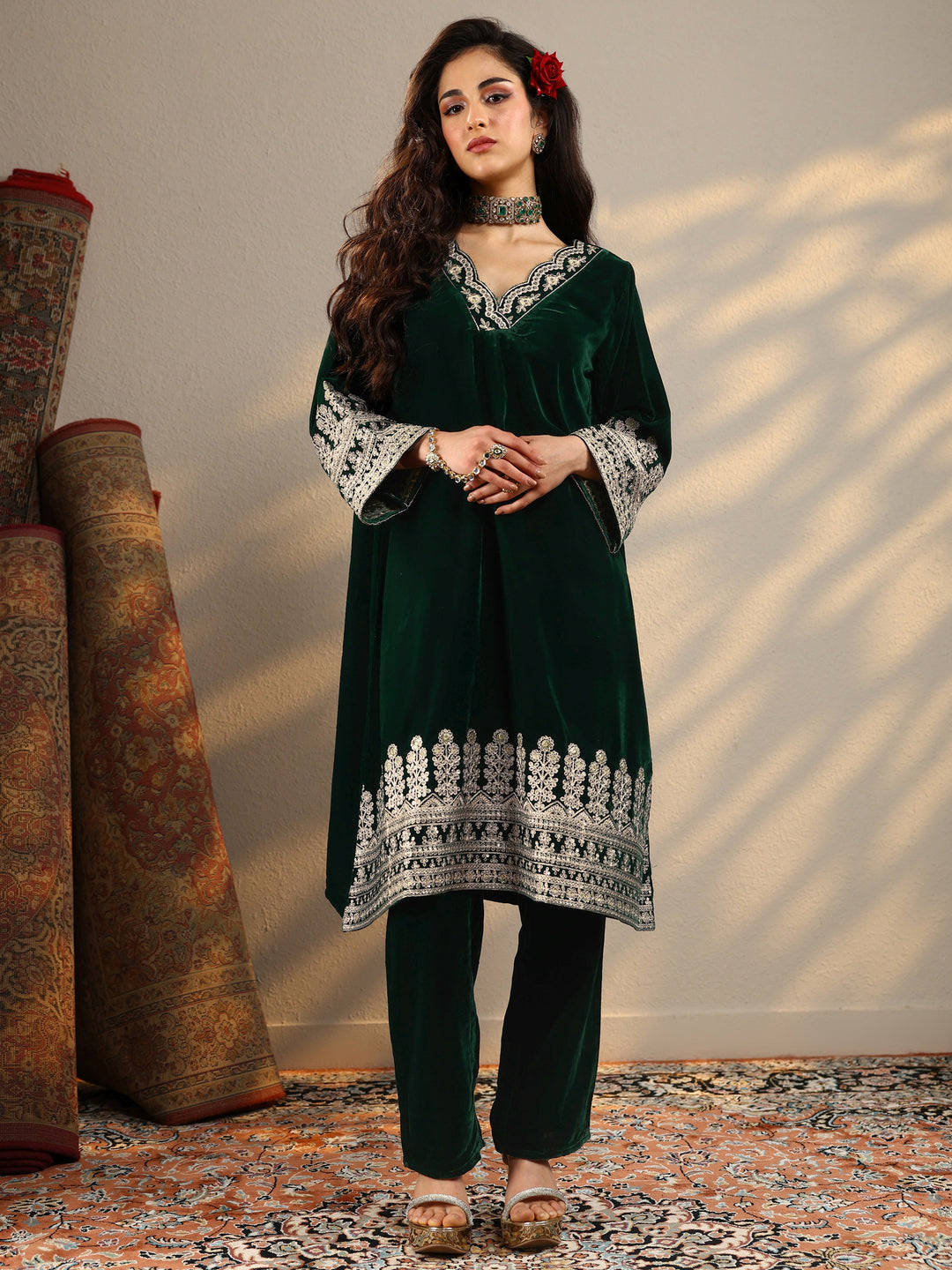  Green Embroidered Velvet Straight Kurta Set 