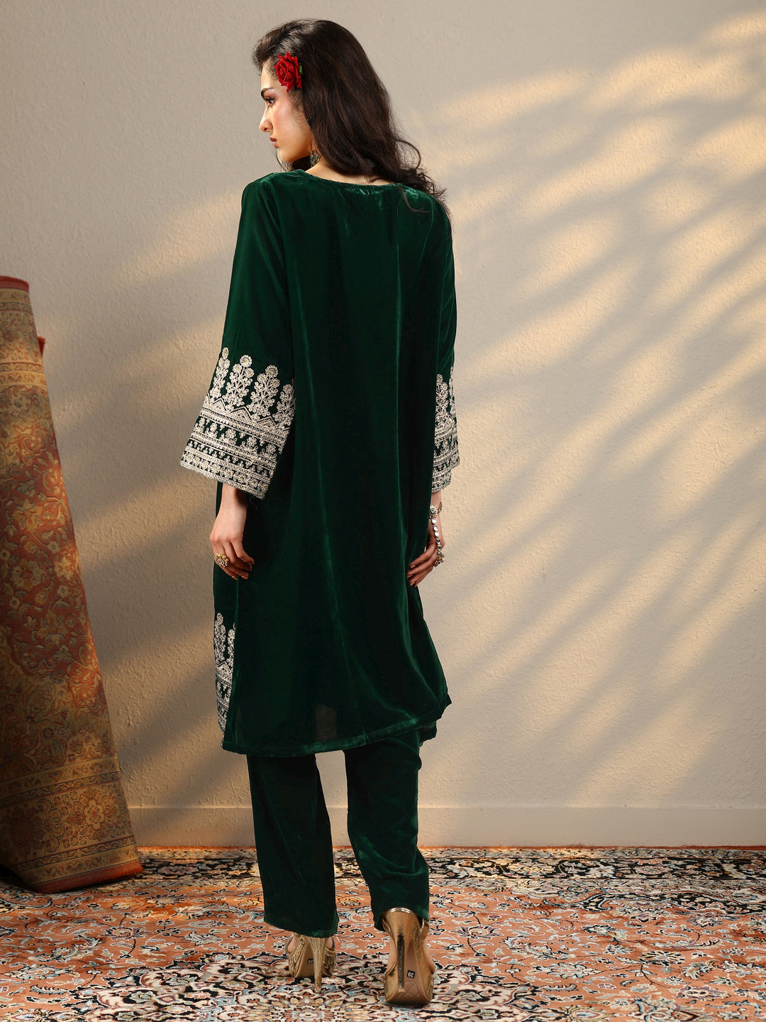  Green Embroidered Velvet Straight Kurta Set 