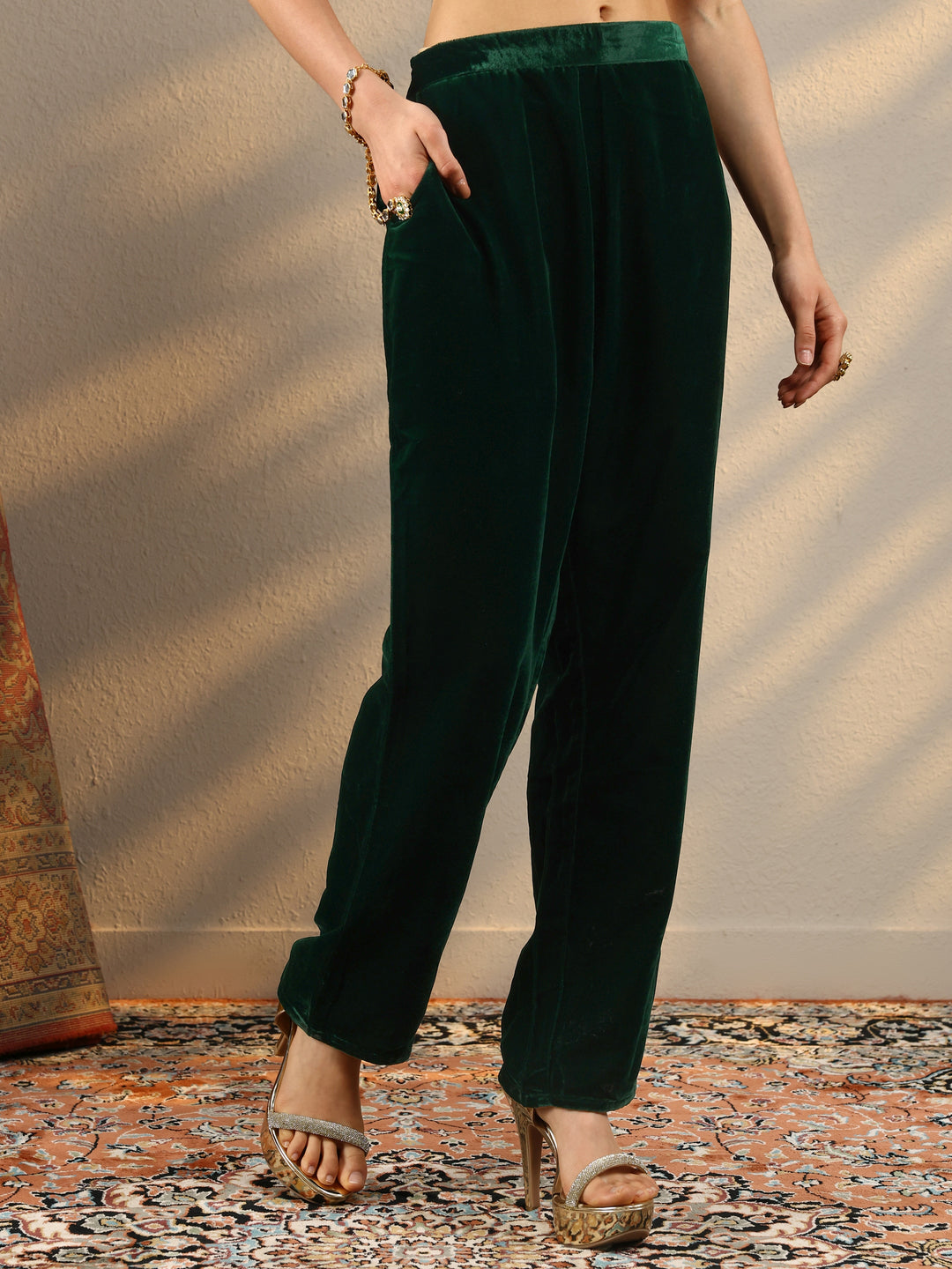  Green Embroidered Velvet Straight Kurta Set 