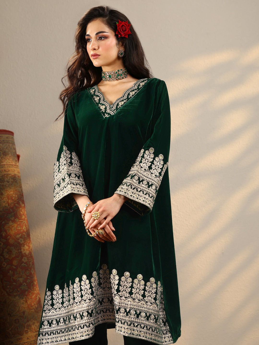  Green Embroidered Velvet Straight Kurta Set 