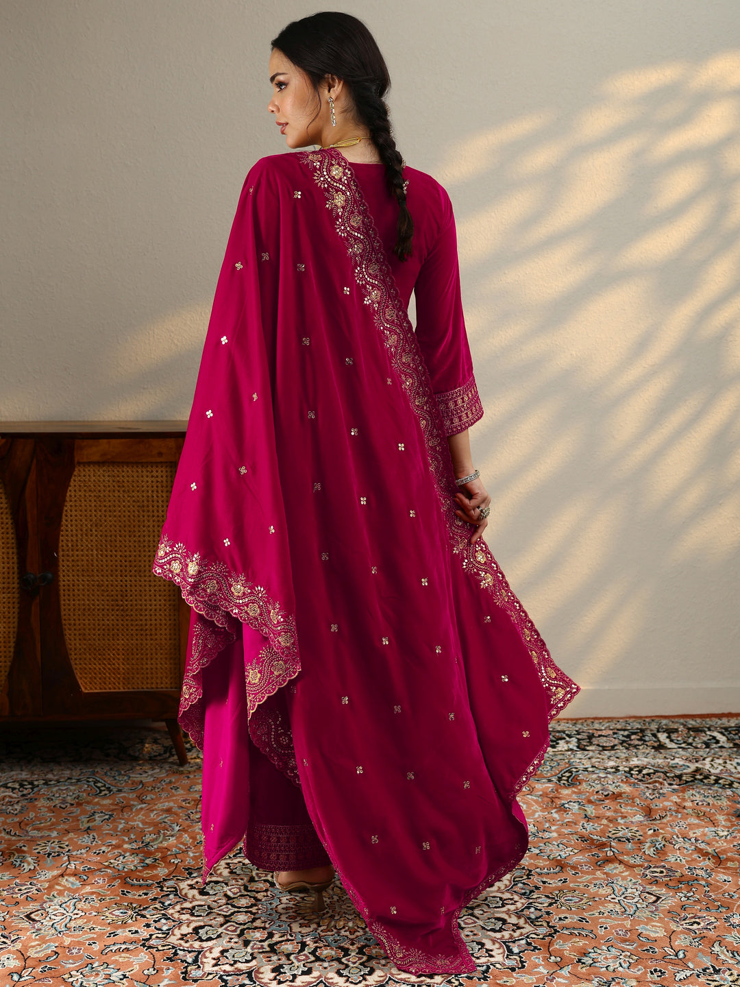  Pink Yoke Design Velvet Straight Suit Set With Dupatta 