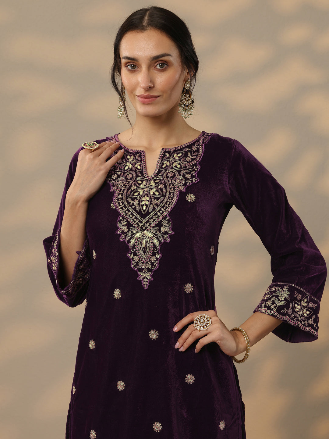  Burgundy Embroidered Velvet Straight Suit Set With Dupatta 