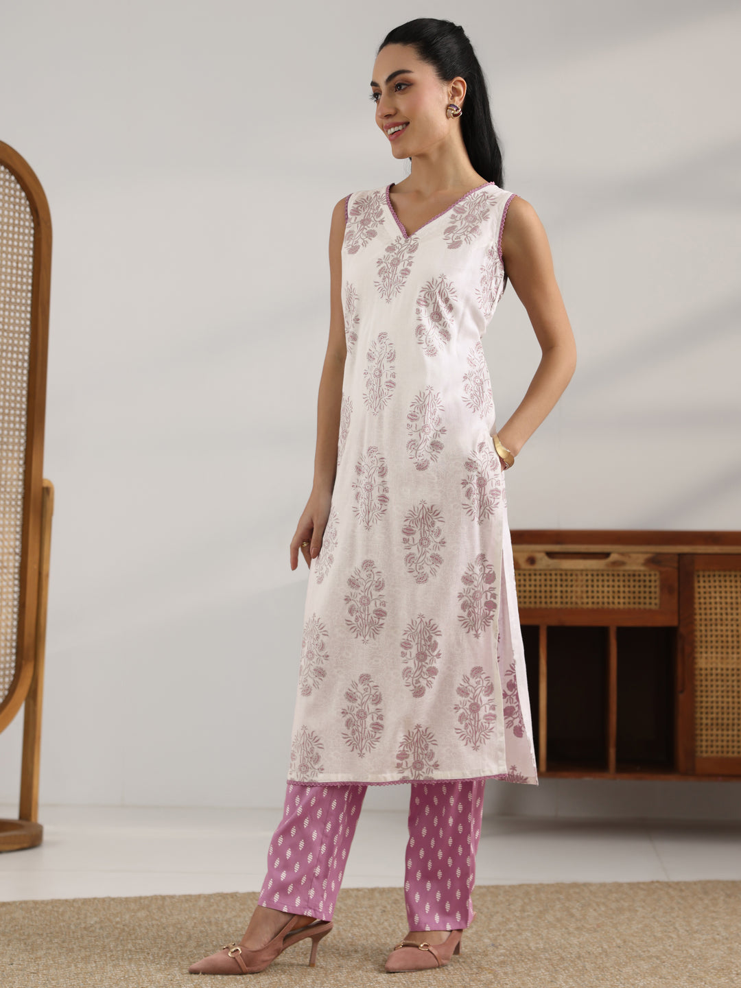  White Printed Rayon Straight Suit Set With Dupatta 