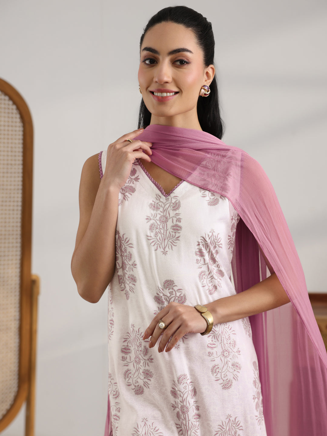  White Printed Rayon Straight Suit Set With Dupatta 