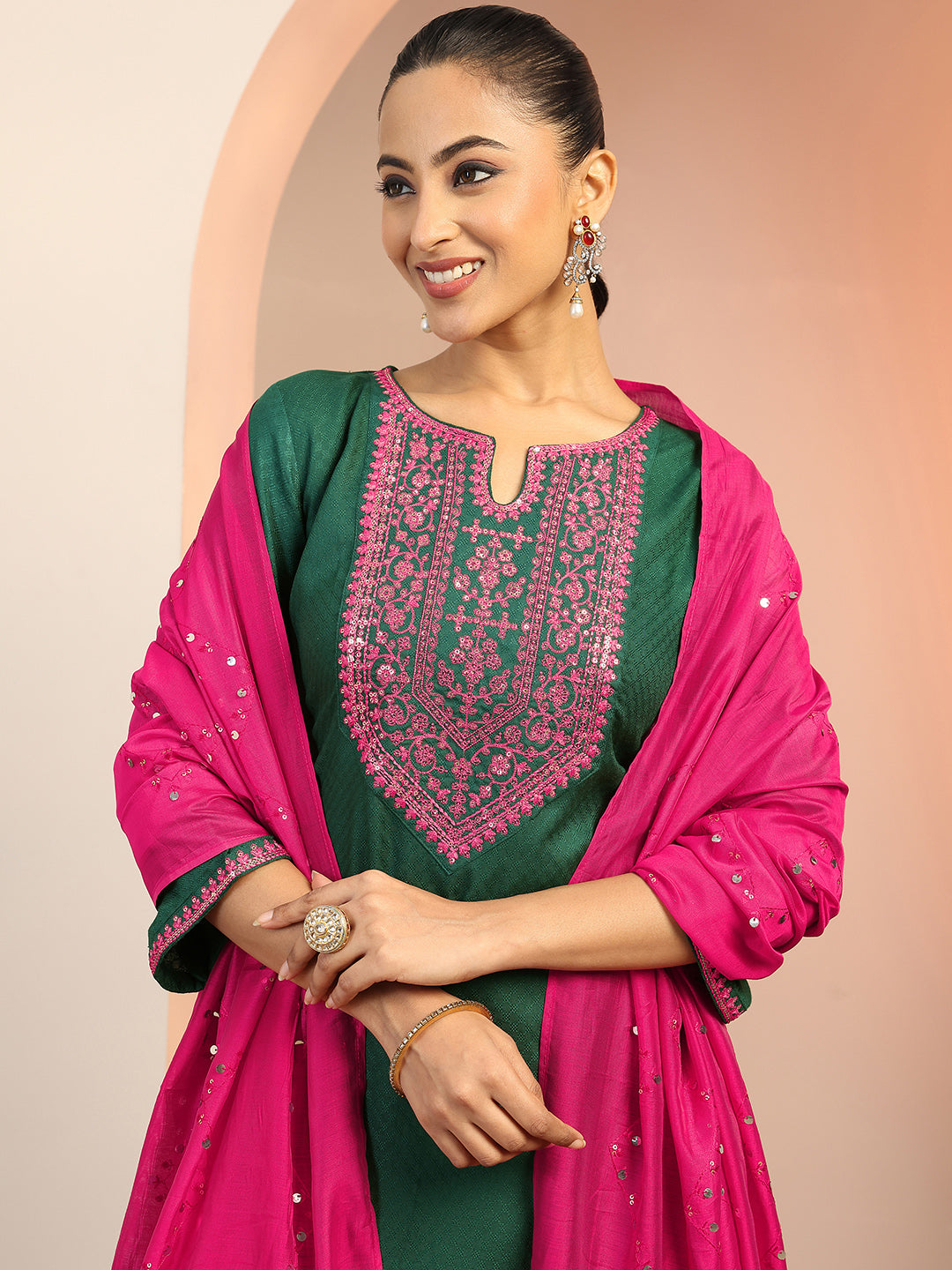  Green Embroidered Rayon Straight Suit Set With Dupatta 