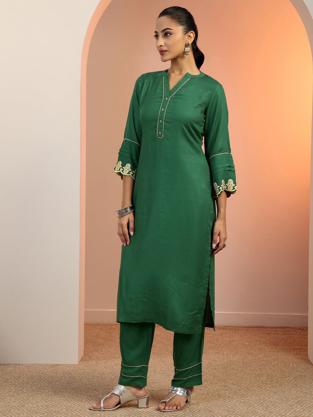  Green Solid Rayon Straight Kurta Set 