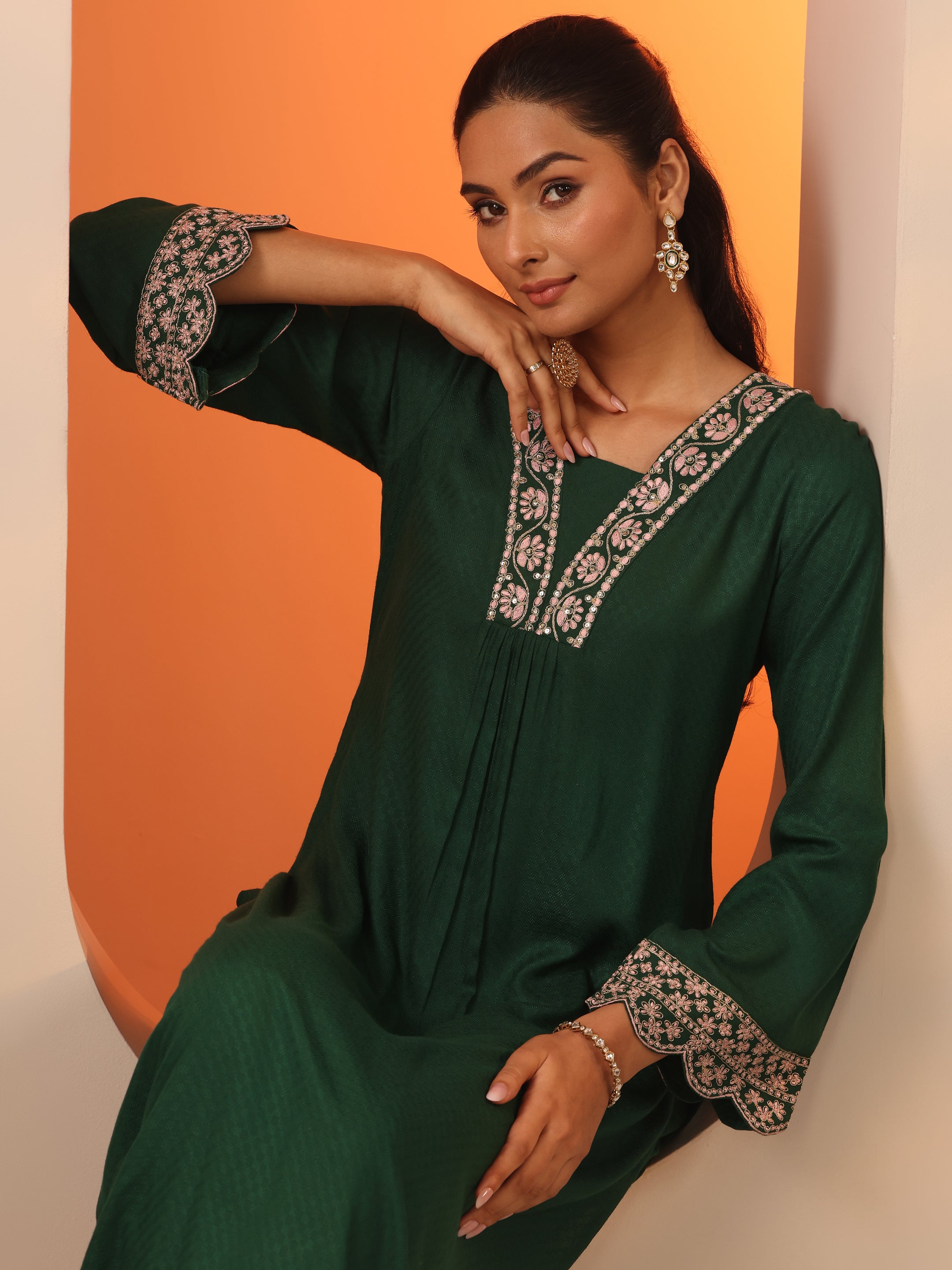 Green Embroidered Rayon Straight Kurta Set-image-29