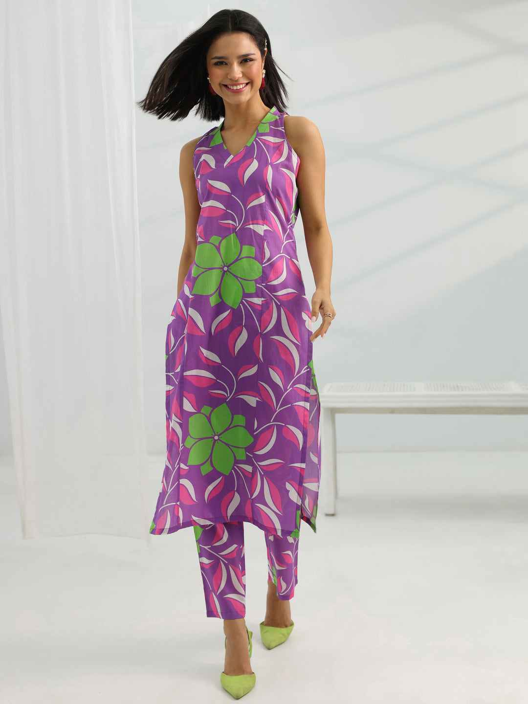  Purple Printed Rayon Straight Kurta Set 