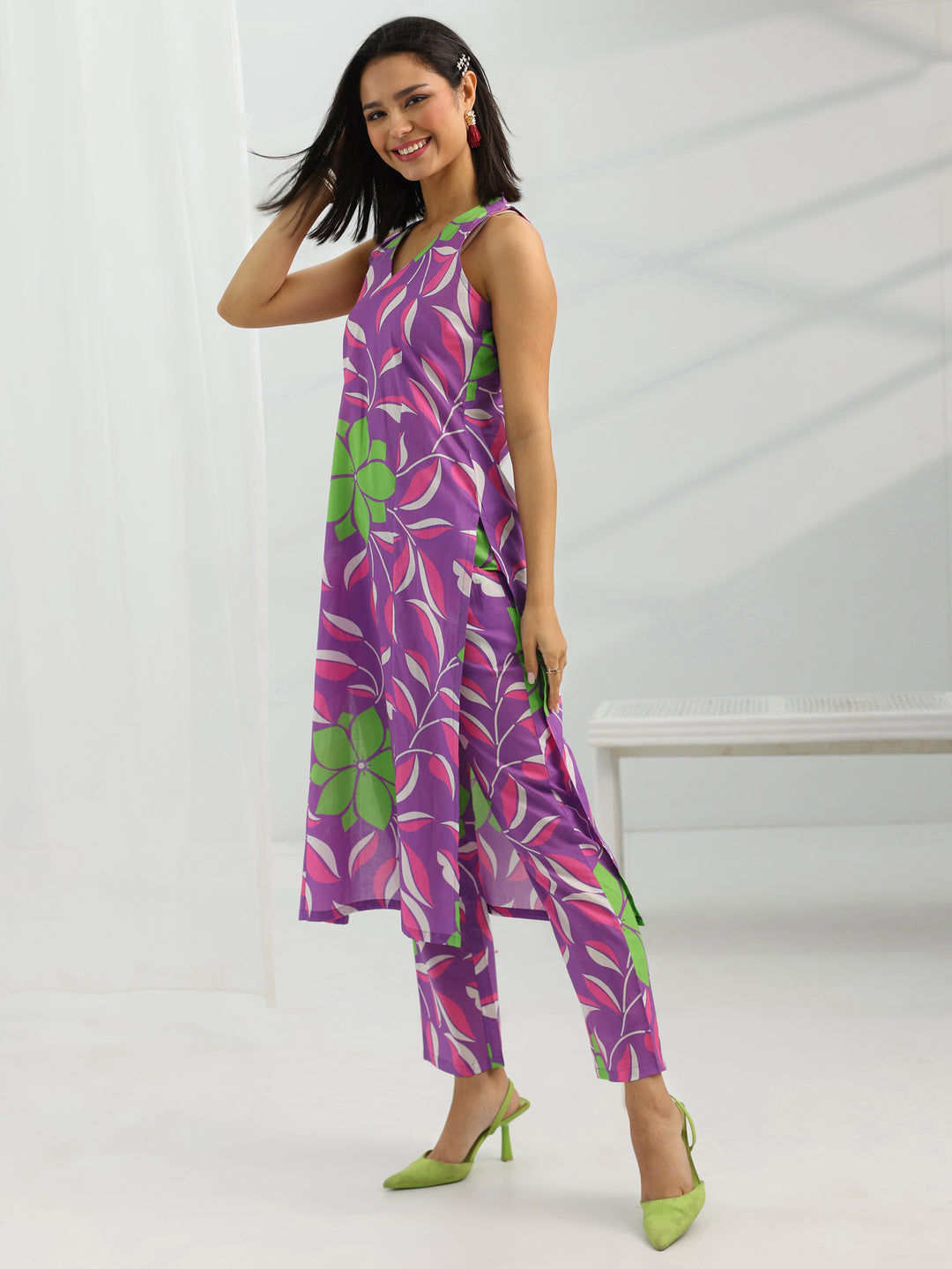  Purple Printed Rayon Straight Kurta Set 