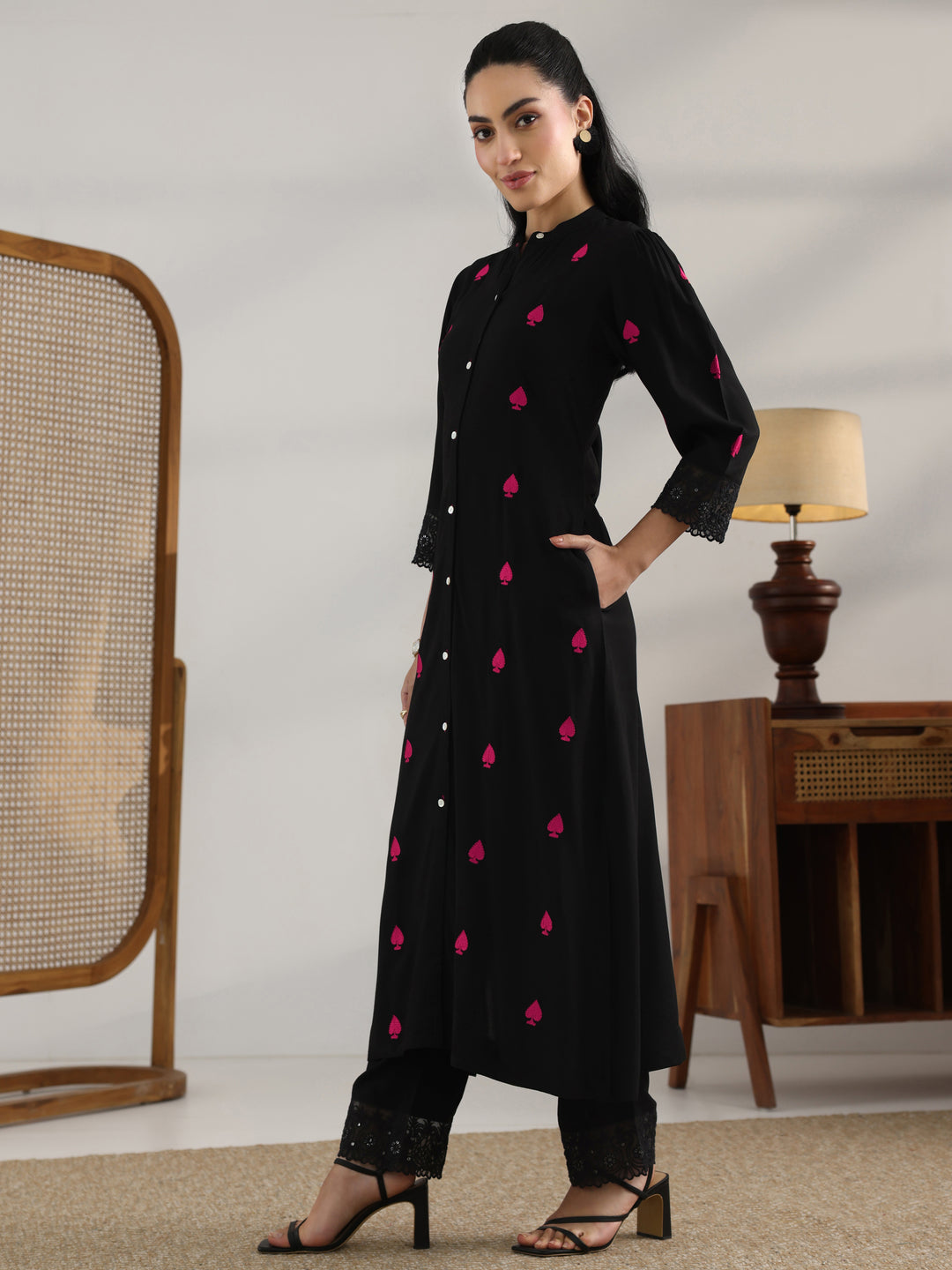  Black Embroidered Rayon Straight Kurta Set 