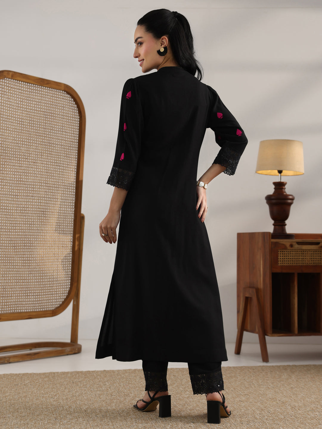  Black Embroidered Rayon Straight Kurta Set 