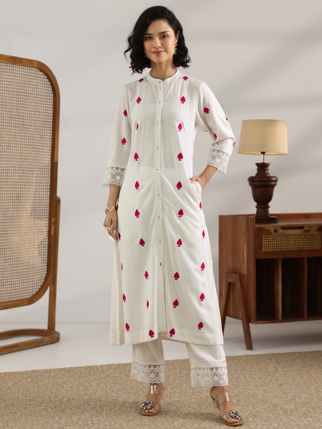  White Embroidered Rayon Straight Kurta Set 