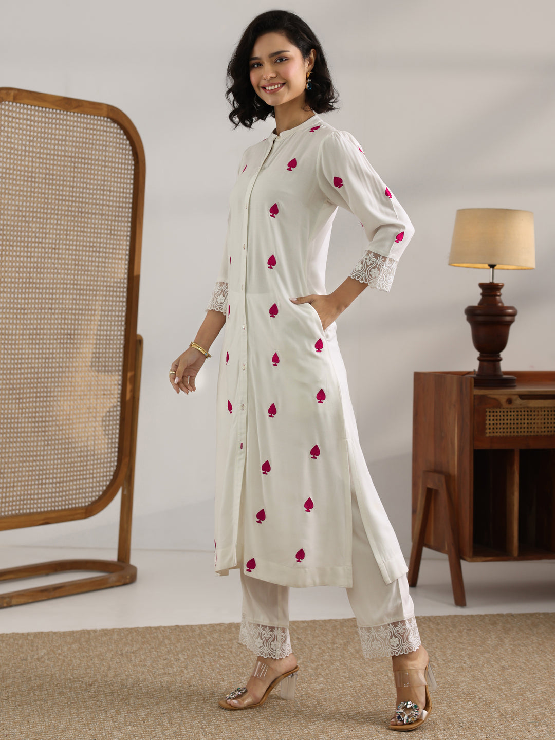  White Embroidered Rayon Straight Kurta Set 