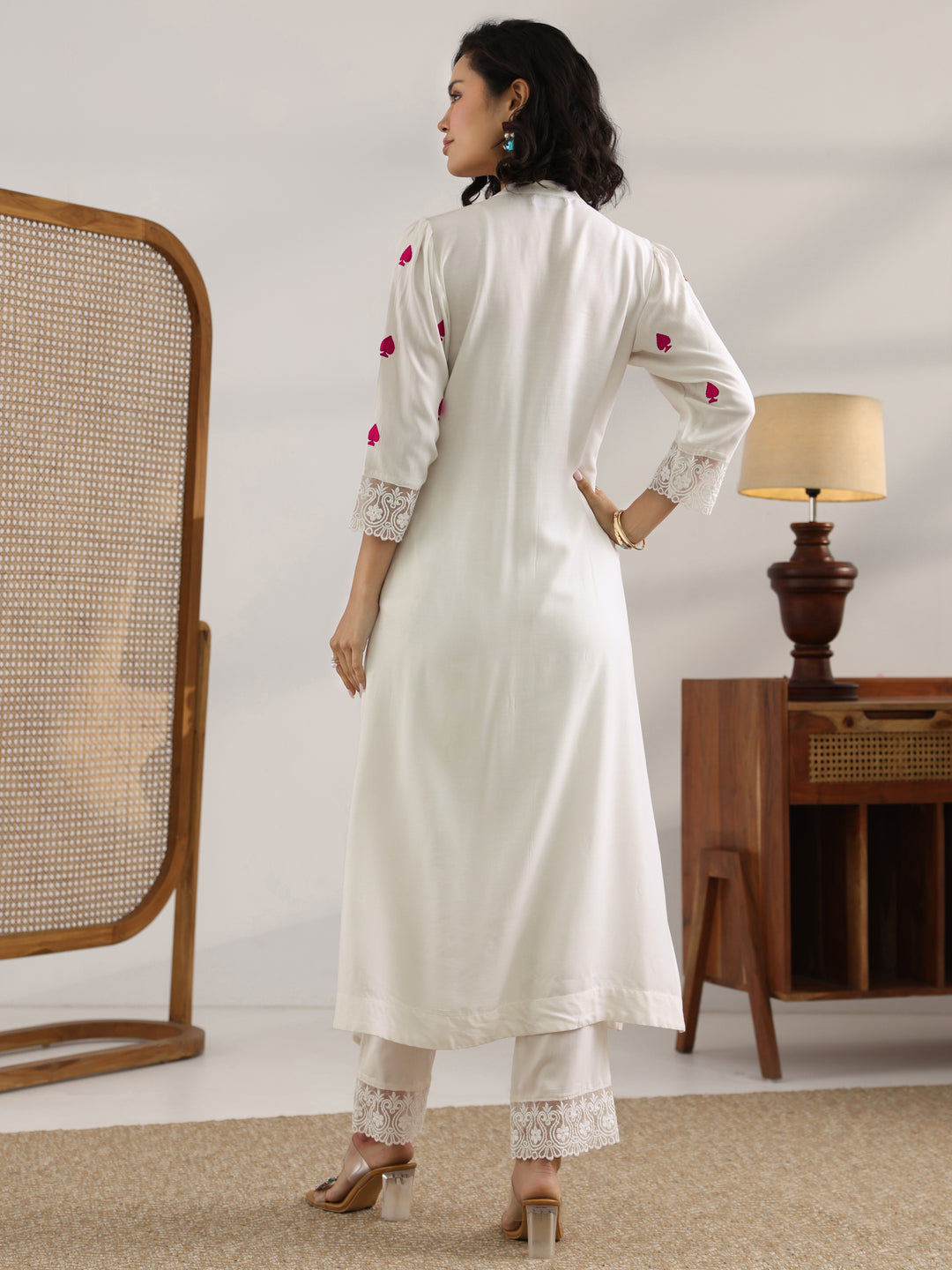  White Embroidered Rayon Straight Kurta Set 