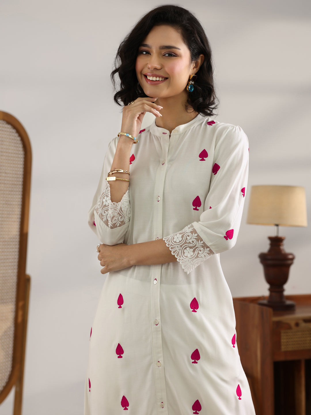  White Embroidered Rayon Straight Kurta Set 