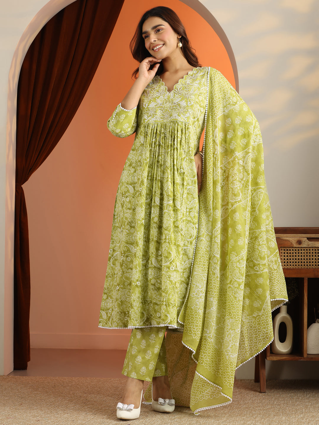  Green Printed Cotton A-Line Suit Set With Dupatta 