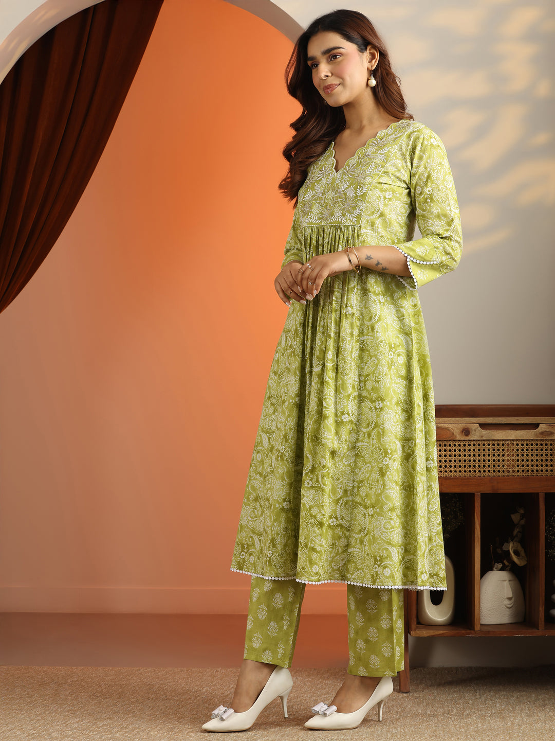 Green Printed Cotton A-Line Suit Set With Dupatta 