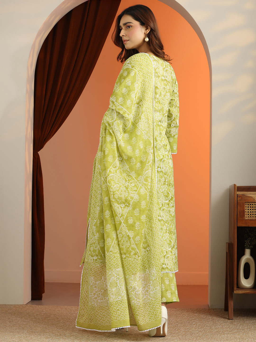  Green Printed Cotton A-Line Suit Set With Dupatta 
