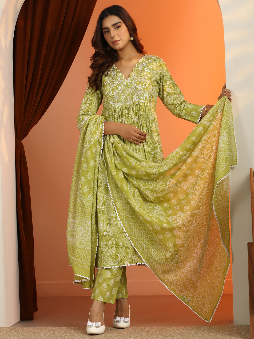  Green Printed Cotton A-Line Suit Set With Dupatta 