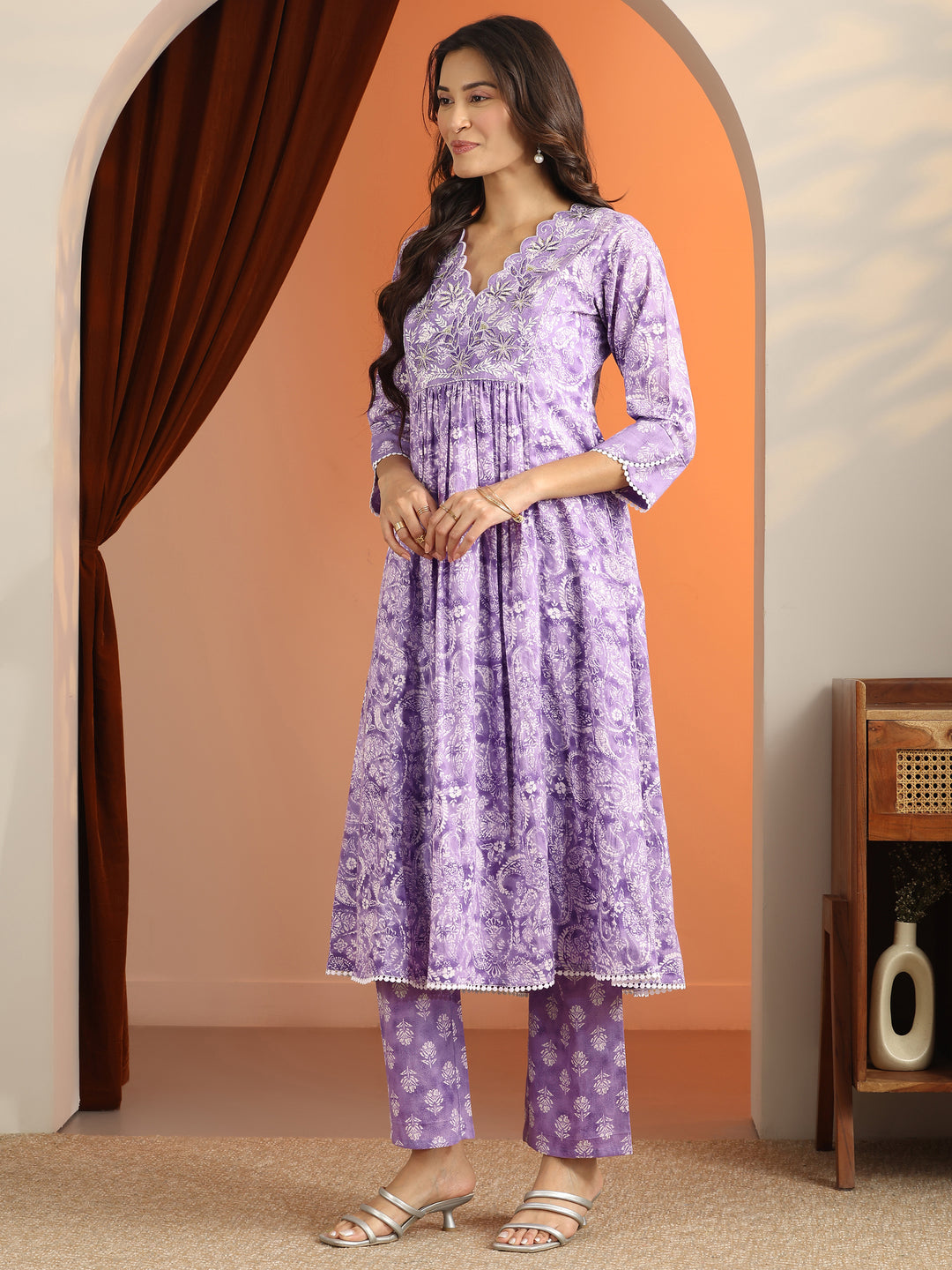  Purple Printed Cotton A-Line Suit Set With Dupatta 