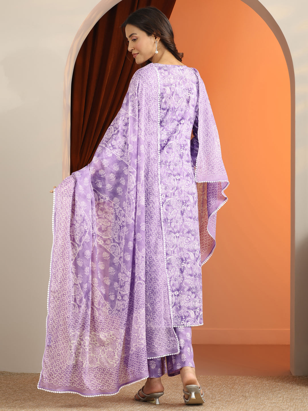  Purple Printed Cotton A-Line Suit Set With Dupatta 