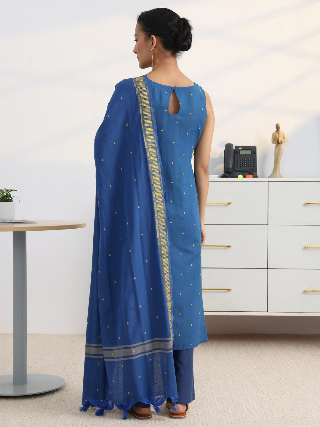  Blue Woven Design Cotton Blend Straight Suit Set With Dupatta 
