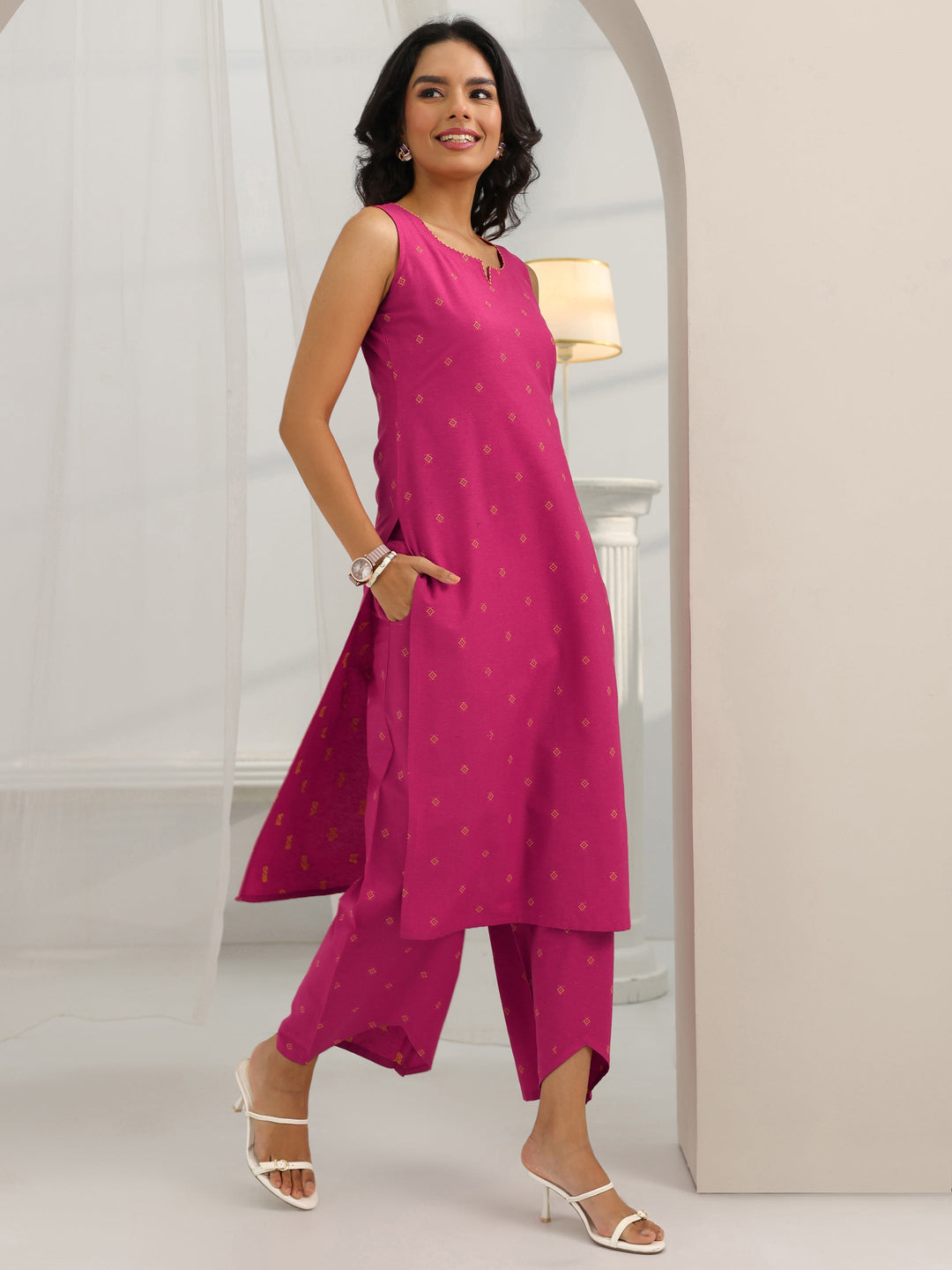  Pink Woven Design Cotton Blend Straight Suit Set With Dupatta 