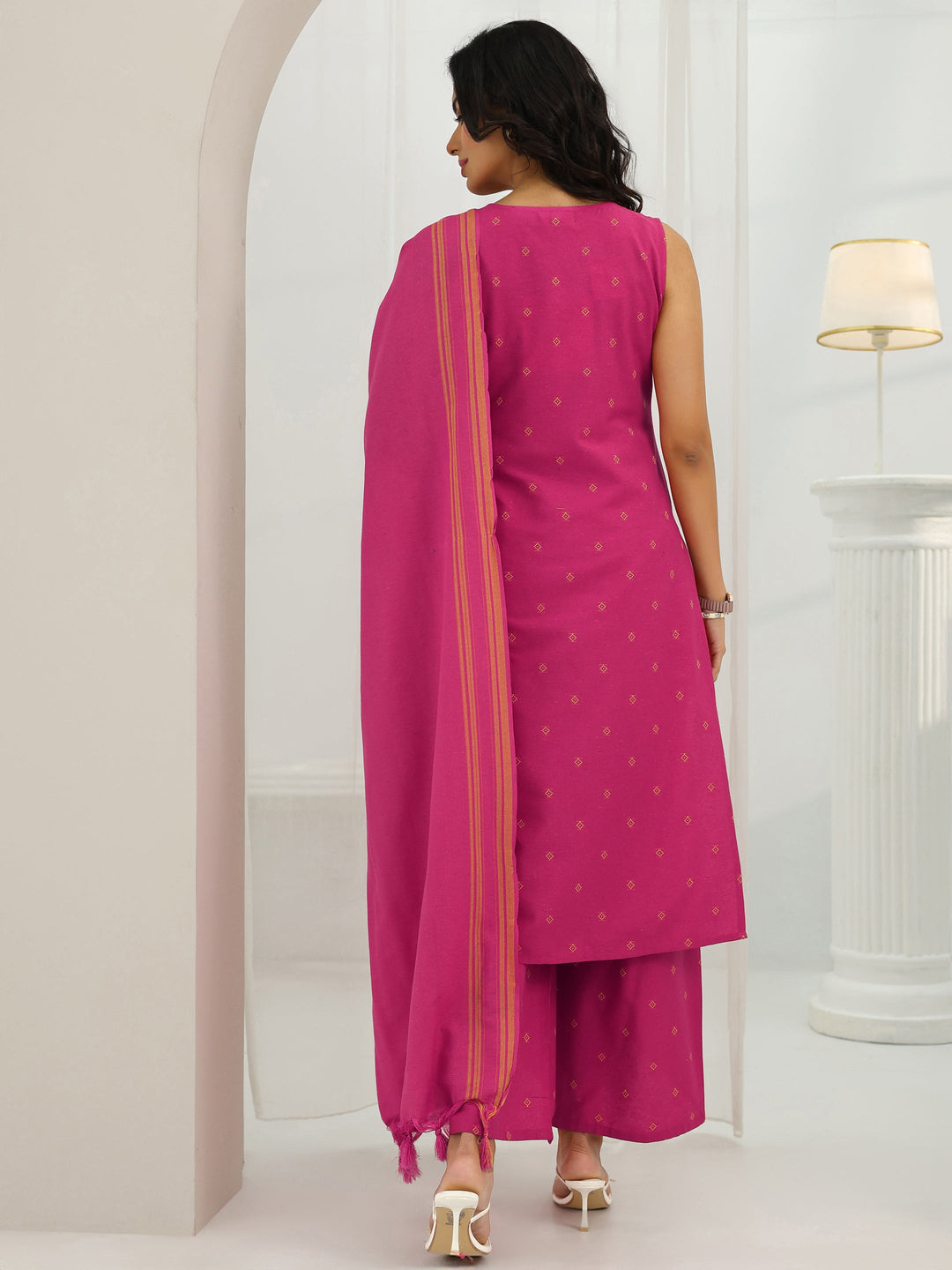  Pink Woven Design Cotton Blend Straight Suit Set With Dupatta 